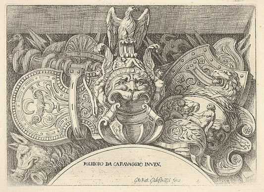 Giovanni Battista Galestruzzi , After Polidoro da Caravaggio:Plate 4: trophies of Roman arms from decorations above the windows on the second floor of the Palazzo Milesi in Rome 1656–58, vintage artwork, 16x12"(A3) Poster Print