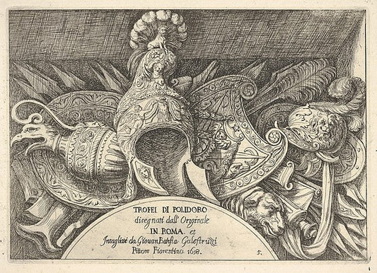 Giovanni Battista Galestruzzi , After Polidoro da Caravaggio:Plate 5: trophies of Roman arms from decorations above the windows on the second floor of the Palazzo Milesi in Rome 1658, vintage artwork, 16x12"(A3) Poster Print