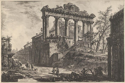 Giovanni Battista Piranesi:View of the so-called Temple of Concord with the Temple of Saturn on the right the Arch of Septimius Severus 1760–78, vintage artwork, 16x12"(A3) Poster Print