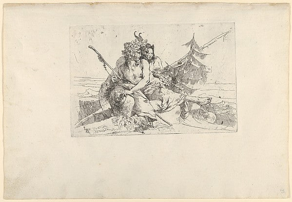 Giovanni Battista Tiepolo:Bacchant Satyr and Fauness from the Scherzi c1740, vintage artwork, 16x12"(A3) Poster Print
