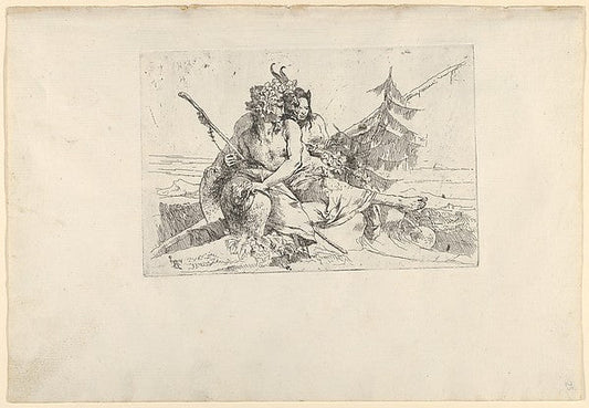 Giovanni Battista Tiepolo:Bacchant Satyr and Fauness from the Scherzi c1740, vintage artwork, 16x12"(A3) Poster Print