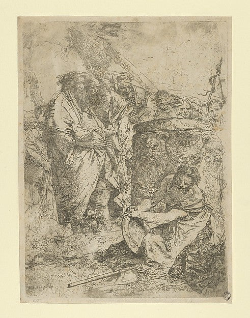 Giovanni Battista Tiepolo:Woman kneeling in front of Magicians and other Figures from the Scherzi c1740, vintage artwork, 16x12"(A3) Poster Print