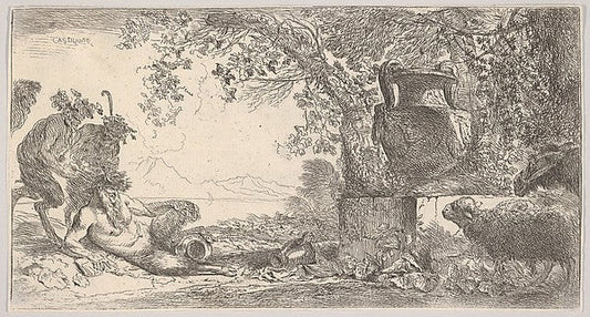 Giovanni Benedetto Castiglione :Pan reclining at left with two standing satyrs a large vase on a pedestal at right c1645, vintage artwork, 16x12"(A3) Poster Print
