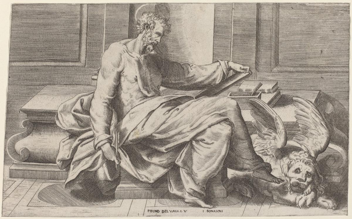 Giulio Bonasone after Perino del Vaga:Saint Mark Writing His,16x12"(A3) Poster