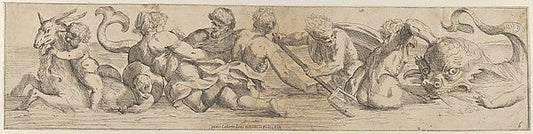 Giulio Carpioni:Plate 6: marine gods and other cavorting figures c1640–70, vintage artwork, 16x12"(A3) Poster Print