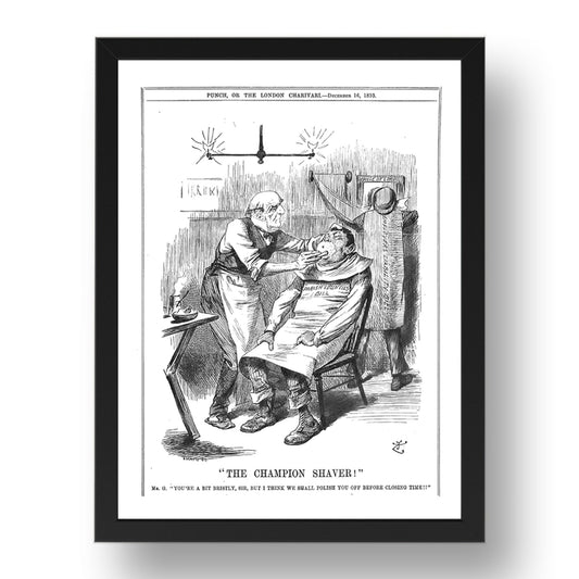 Gladstone a Barber 1893 Barbershop Cartoon, vintage historic poster in 17x13"(A3) Frame