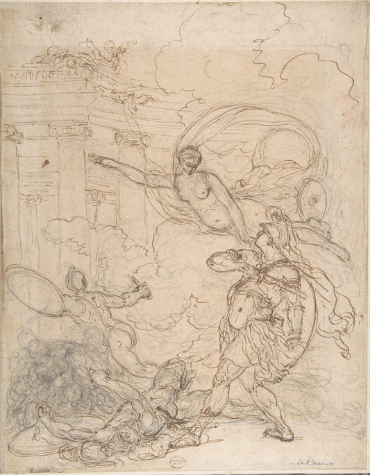 Goddess Inciting a Warrior, vintage artwork by Francesco Albani, 12x8" (A4) Poster