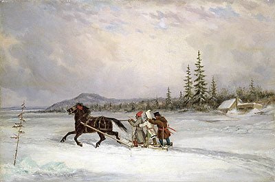 Habitants Sleighing by Cornelius Krieghoff, vintage art, modern poster print