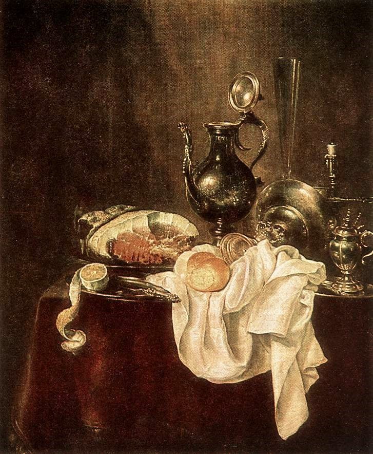 Ham and Silverware, vintage artwork by Willem Claesz. Heda, 12x8" (A4) Poster