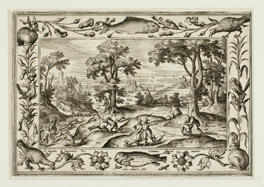 Hare Hunt, from Landscapes with Old and New Testament Scenes and Hunting Scenes by  Adriaen Collaert (Flemish, c. 1560–1618) , 23x16"( A2 size ) Poster Print