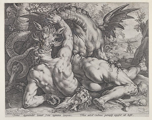 Hendrick Goltzius , After painting by Cornelis van Haarlem:The Dragon Devouring the Companions of Cadmus 1588, vintage artwork, 16x12"(A3) Poster Print