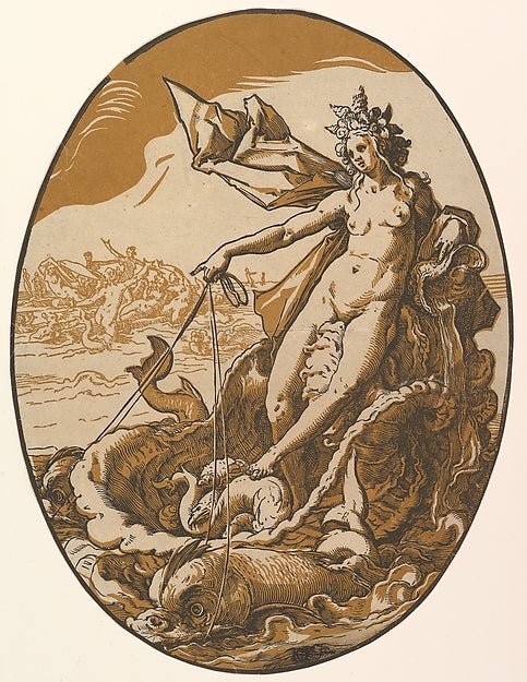 Hendrick Goltzius:Tethys reclining in a giant shell chariot pulled by two sea creatures 1588–90, vintage artwork, 16x12"(A3) Poster Print
