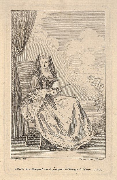 Henri Simon Thomassin , After Antoine Watteau:A seated woman holding a closed fan before a drawn curtain a tree and sky beyond c1710–41, vintage artwork, 16x12"(A3) Poster Print