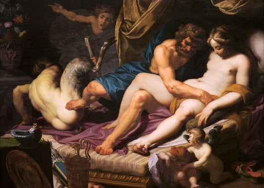 Hercules Kicking Faunus out of Omfale's Bed, vintage artwork by Abraham Bloemaert, 12x8" (A4) Poster