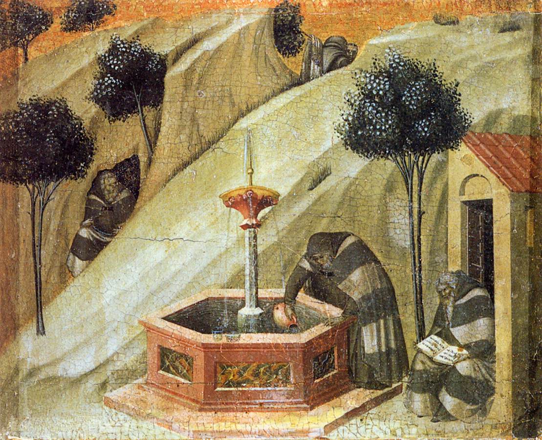 Hermits at the Fountain of Elijah (predella panel), vintage artwork by Pietro Lorenzetti, 12x8" (A4) Poster