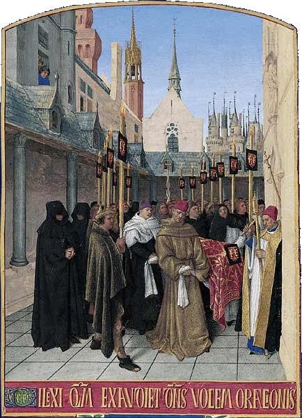 Heures d'Étienne Chevalier ~ The Funeral of Etienne Chevalier, vintage artwork by Jean Fouquet, A3 (16x12") Poster Print
