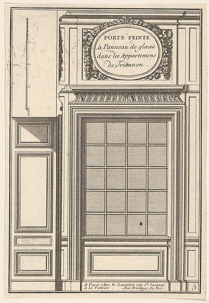:Hidden Door covered with a Mirror in the Trianon Palace plate V from the Series 'Portes a Placard et Lambris' published as part of 'L'Architecture à la Mode' 17th century, vintage artwork, 16x12"(A3) Poster Print