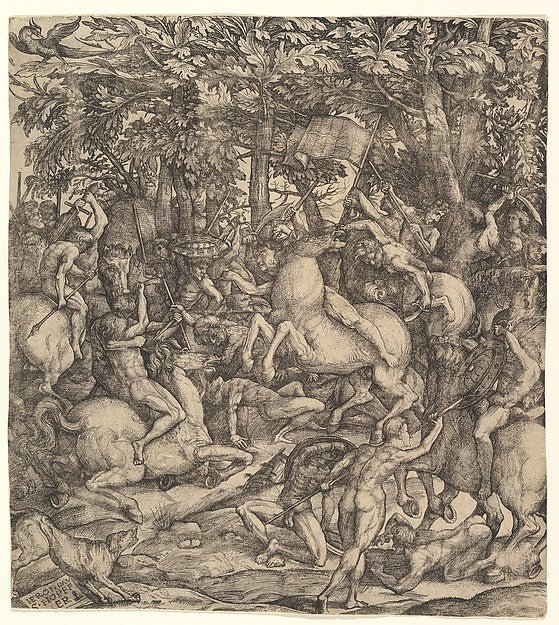 Hieronymus Hopfer , After Domenico Campagnola 1500–1564 Padua):Battle between cavalry and infantry in a wood 16th century, vintage artwork, 16x12"(A3) Poster Print
