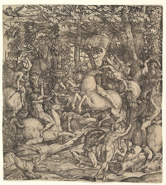 Hieronymus Hopfer , After Domenico Campagnola 1500–1564 Padua):Battle between cavalry and infantry in a wood 16th century, vintage artwork, 16x12"(A3) Poster Print