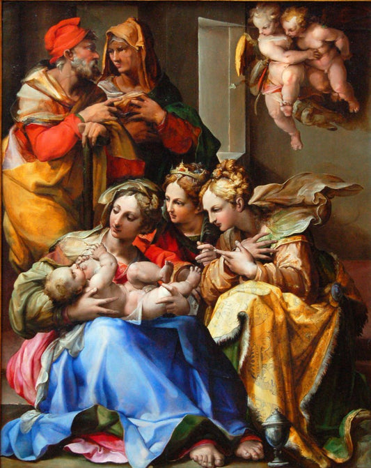 Holy Family with Saints Anne, Catherine of Alexandria, and Mary Magdalene, vintage artwork by Giovanni Francesco Bezzi, 12x8" (A4) Poster