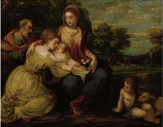 Holy Family with St Catherine and John the Baptist, vintage artwork by Andrea Schiavone, A3 (16x12") Poster Print