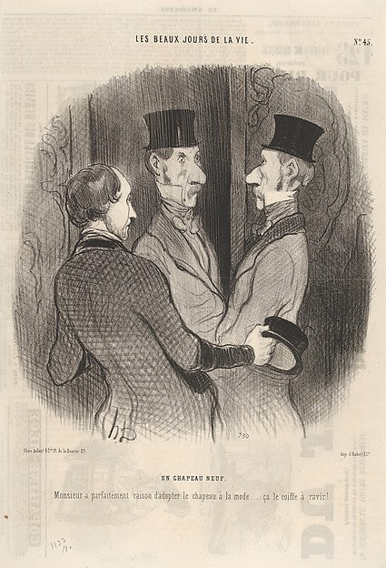 Honoré Daumier:Un chapeau neuf plate 45 from the series Les beaux jours de la vie published in Le Charivari March 6, 1845, vintage artwork, 16x12"(A3) Poster Print