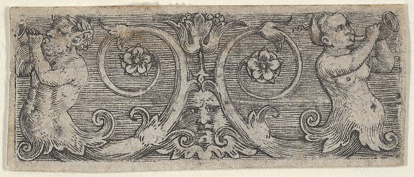 Horizontal Panel with Two Tritons with Foliate Tails Playing H, vintage art, A3 (16x12") Poster Print