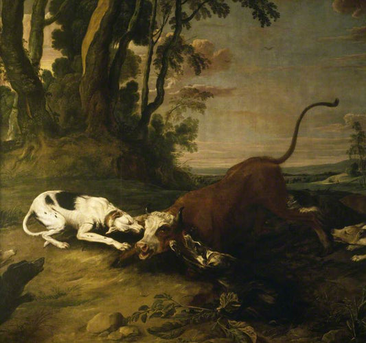 Hounds Attacking a Bull, vintage artwork by Frans Snyders, 12x8" (A4) Poster