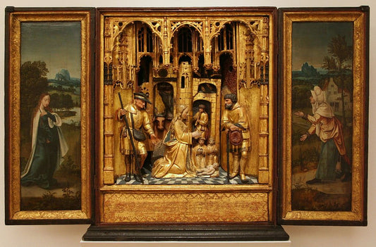 House Altar with Visitation and Adoration of the Shepherds, vintage artwork by Attributed to Master of 1518, A3 (16x12") Poster Print
