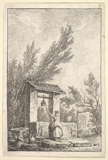 Hubert Robert:Plate 7: The Well: a young woman in center seen from behind drawing water from a well that is decorated with reliefs from an ancient sarcophagus from 'Les soirées de Rome' c1763–64, vintage artwork, 16x12"(A3) Poster Print