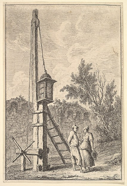 Hubert Robert:Plate 9: The Pulley: a man and a woman conversing to right a lantern hung on a post to left from 'Les soirées de Rome' c1763–64, vintage artwork, 16x12"(A3) Poster Print
