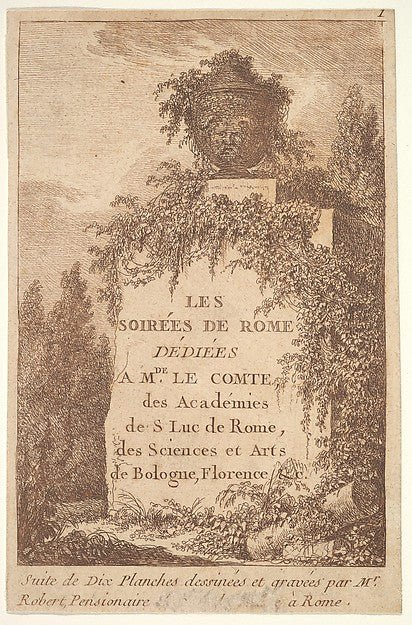 Hubert Robert:Title page: a wall in center surrounded by ruins and poplar trees surmounted by a vase decorated with the head of a satyr from 'Les soirées de Rome' c1763–64, vintage artwork, 16x12"(A3) Poster Print