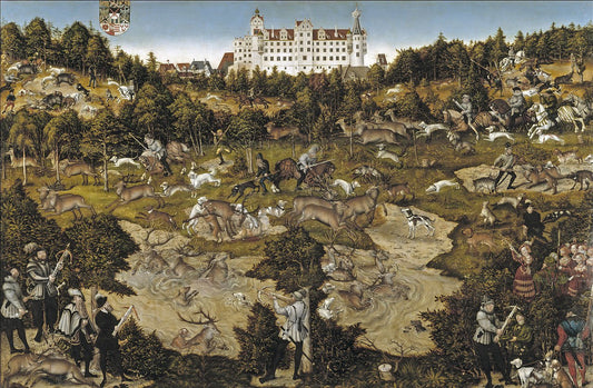 Hunt in Honour of Charles V at the Castle of Torgau, vintage artwork by Lucas Cranach the Younger, A3 (16x12") Poster Print