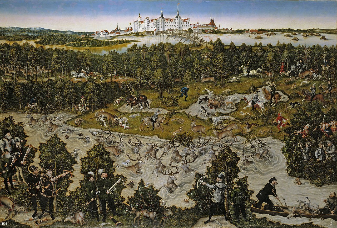 Hunt in Honour of Fernando I at the Castle of Torgau, vintage artwork by Lucas Cranach the Younger, A3 (16x12") Poster Print