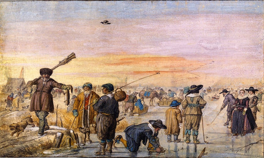 Ice Scene with a Hunter Showing an Otter, vintage artwork by Hendrick Avercamp, 12x8" (A4) Poster
