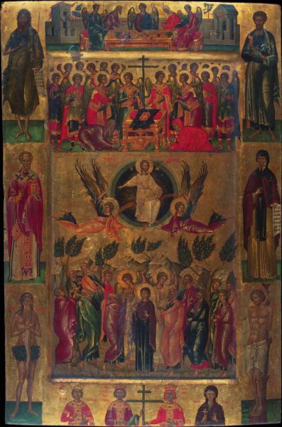 Icon: Ascension of Christ with the Hetoimasia, vintage artwork by Andreas Ritzos, A3 (16x12") Poster Print