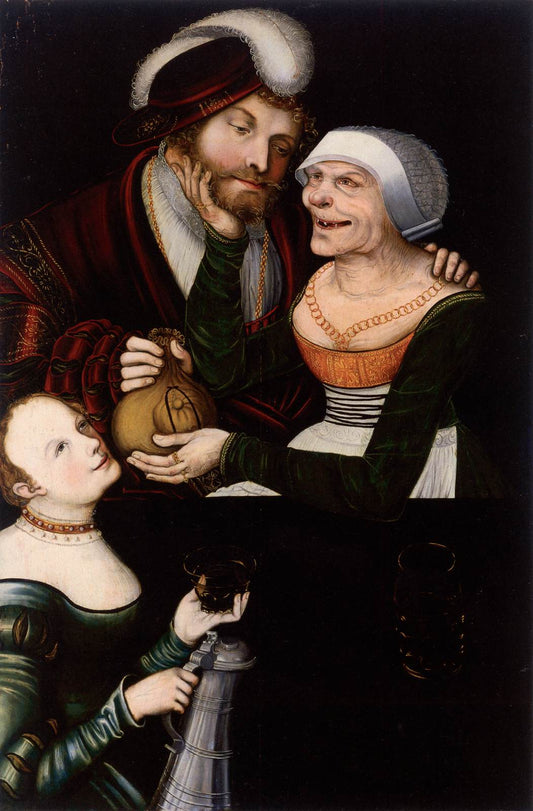 Ill-Matched Couple: Young Man and Old Woman with a Maid, vintage artwork by Lucas Cranach the Younger, 12x8" (A4) Poster