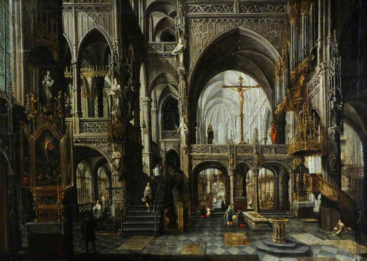 Imaginary Cathedral Interior, vintage artwork by Paul Vredeman de Vries, 12x8" (A4) Poster