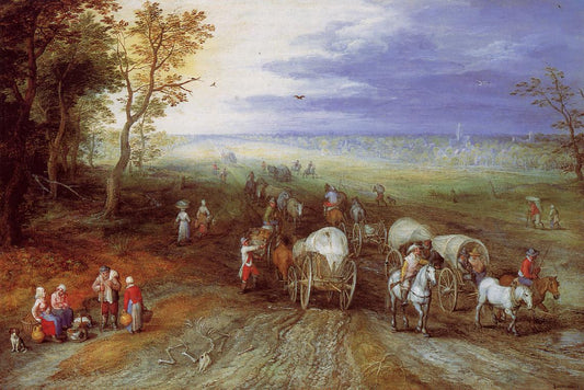 Immense Landscape with Travellers, vintage artwork by Jan Brueghel the Elder, 12x8" (A4) Poster
