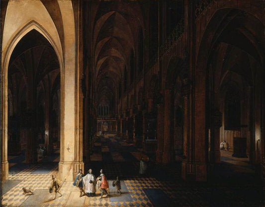 Interior of Antwerp Cathedral at Night, vintage artwork by Pieter Neefs the Elder, 12x8" (A4) Poster
