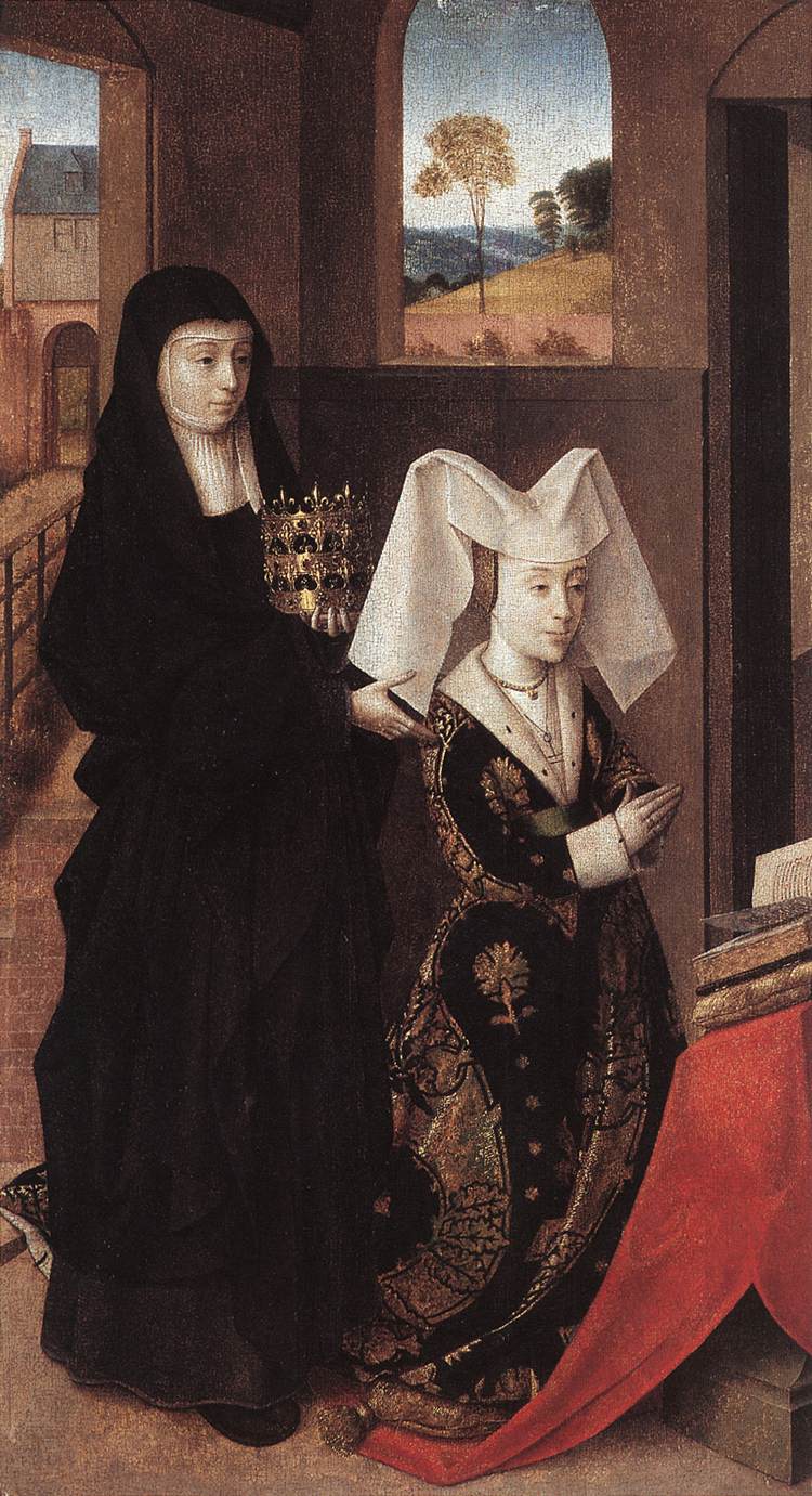 Isabel of Portugal with St Elizabeth, vintage artwork by Petrus Christus, A3 (16x12") Poster Print