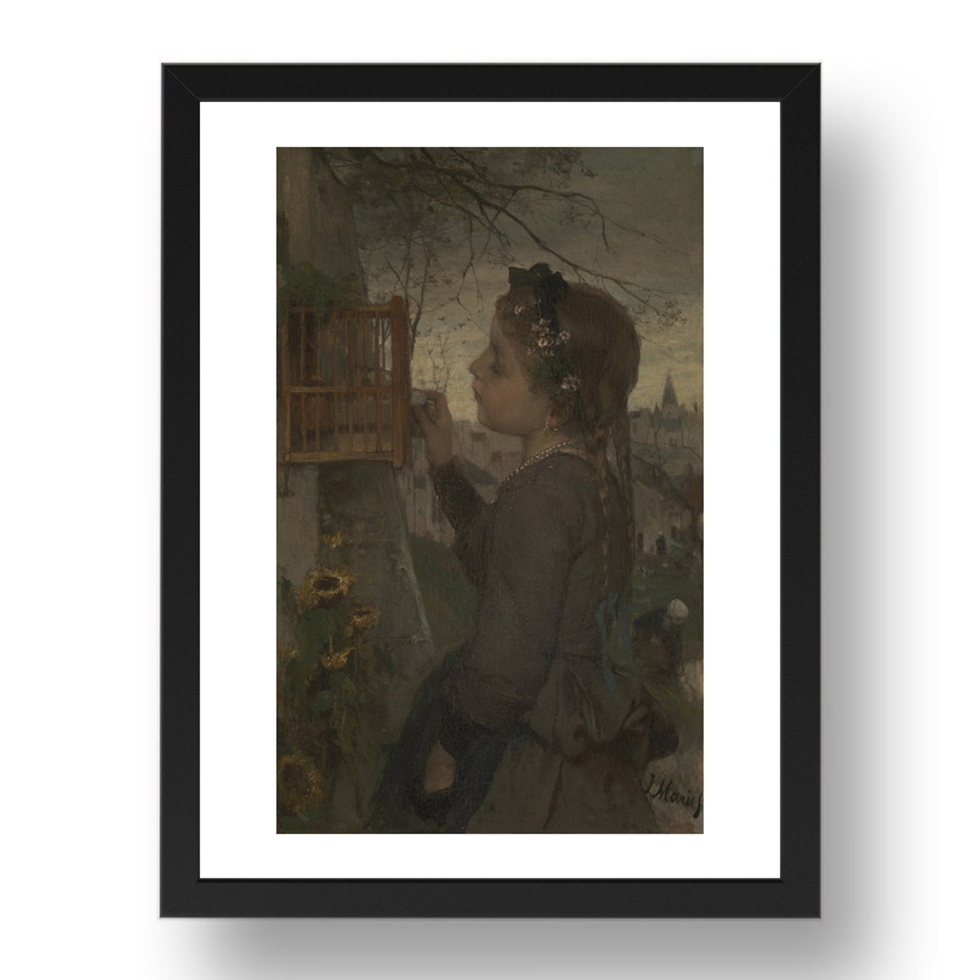 Jacob Maris: A Girl feeding a Bird in a Cage, Poster in 17x13"(A3) Frame