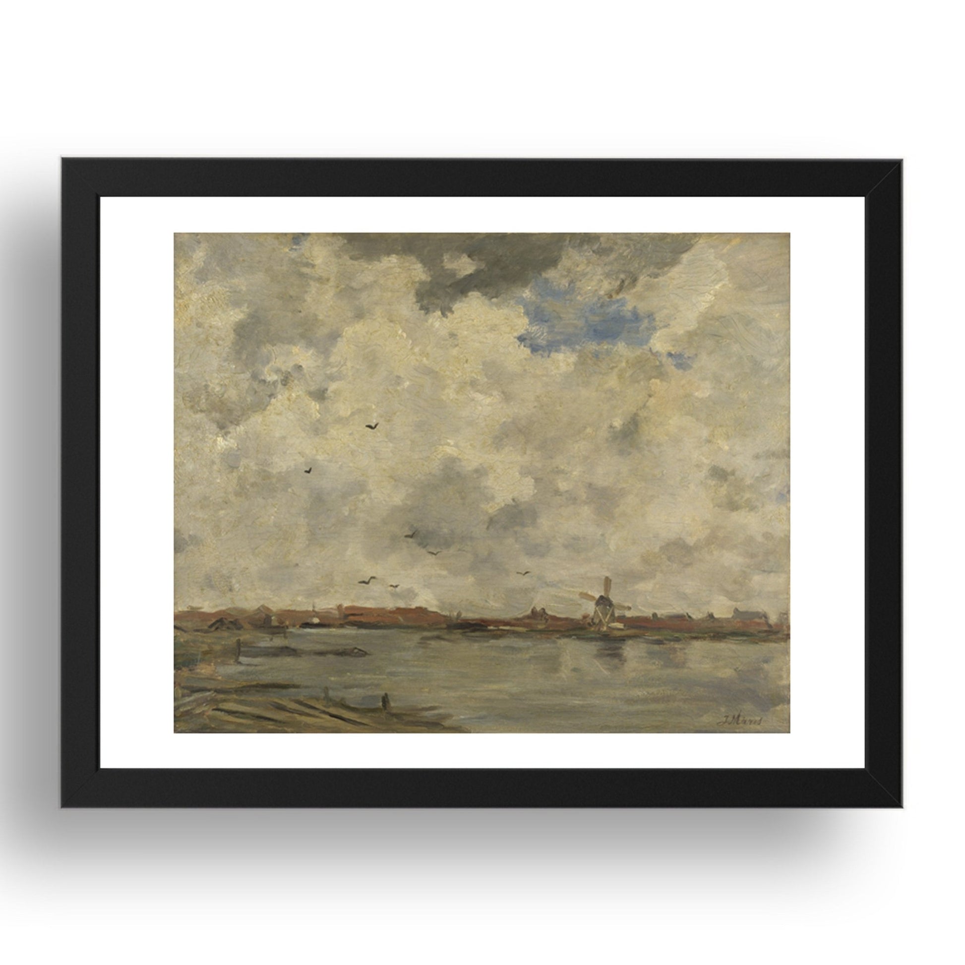 Jacob Maris: A Windmill and Houses beside Water: Stormy Sky, Poster in 17x13"(A3) Frame