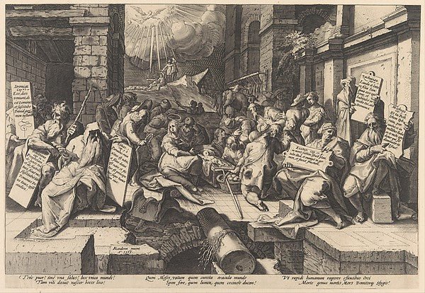 Jacob Matham , After Karel van Mander I:The Adoration of the Shepherds Surrounded by Moses and Five Prophets 1588, vintage artwork, 16x12"(A3) Poster Print