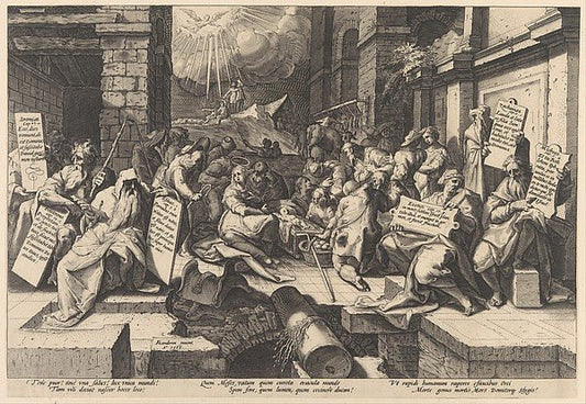 Jacob Matham , After Karel van Mander I:The Adoration of the Shepherds Surrounded by Moses and Five Prophets 1588, vintage artwork, 16x12"(A3) Poster Print