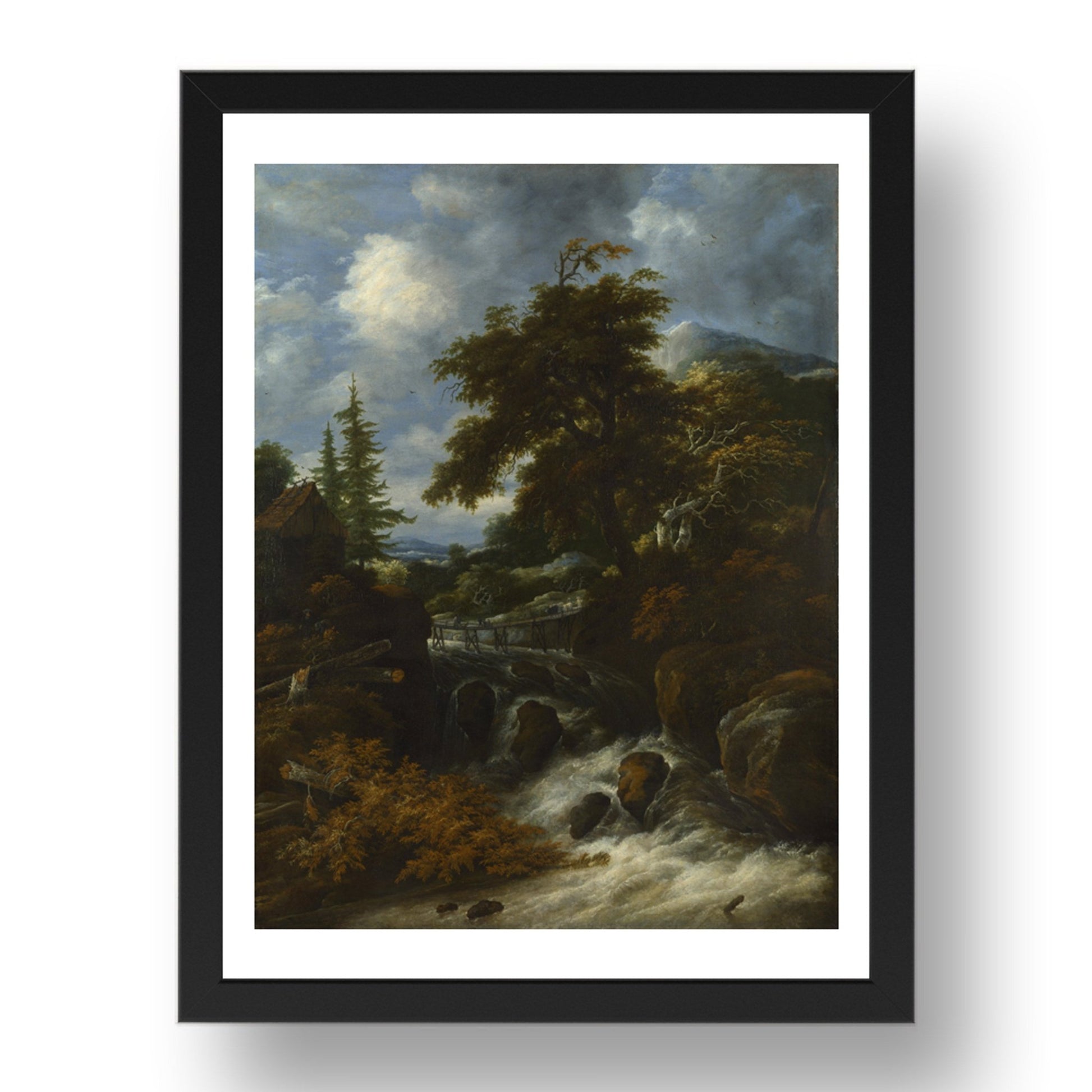 Jacob Salomonsz. van Ruysdael: A Waterfall by a Cottage in a Hilly Landscape, Poster in 17x13"(A3) Frame
