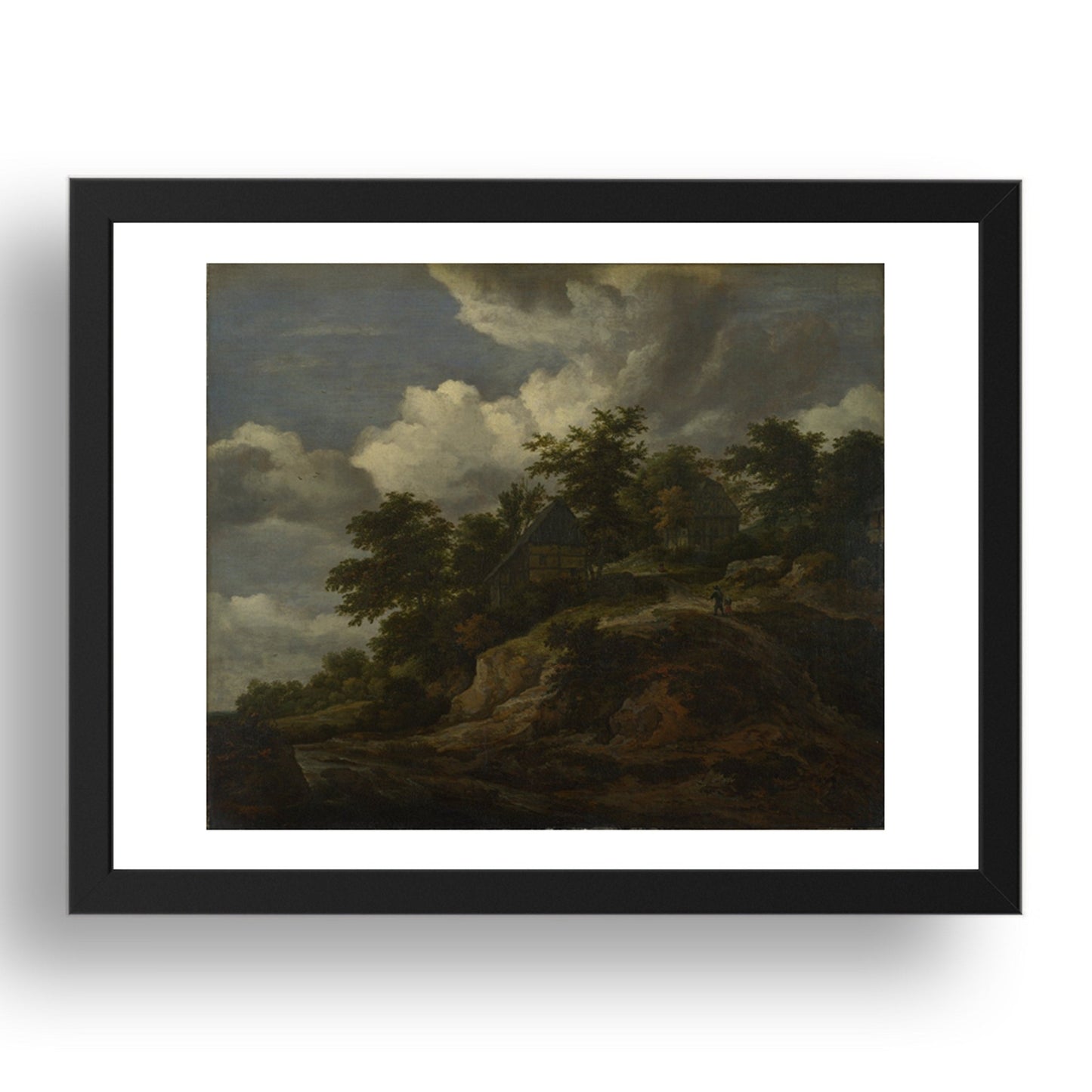 Jacob van Ruisdael: A Rocky Hill with Three Cottages, a Stream at its Foot, Poster in 17x13"(A3) Frame