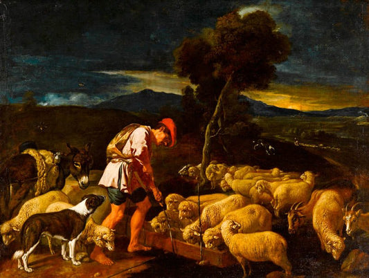Jacob Watering Laban’s Sheep before Peeled Branches, vintage artwork by Pedro Orrente, A3 (16x12") Poster Print