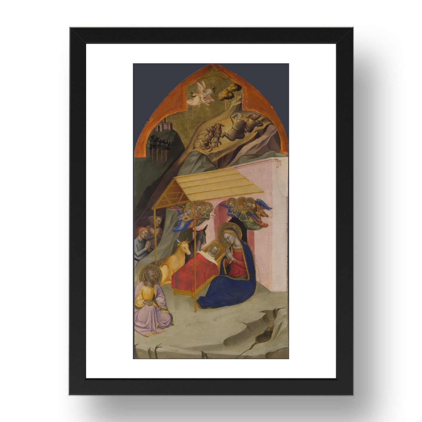 Jacopo di Cione and workshop: The Nativity and Annunciation to the Shepherds, Poster in 17x13"(A3) Frame