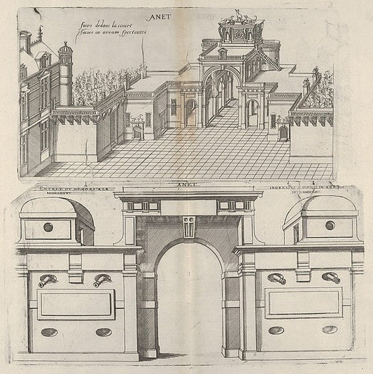 Jacques Androuet Du Cerceau:Interior View of the Court Yard and Frontal View of the Defense Mechanism at Chateau d'Anet 1607, vintage artwork, 16x12"(A3) Poster Print